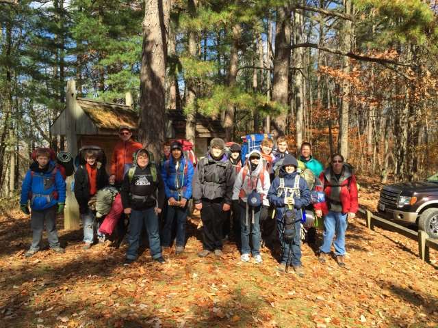 The troop hiking in the Charles Deam Wilderness area near Bloomington, Indiana.